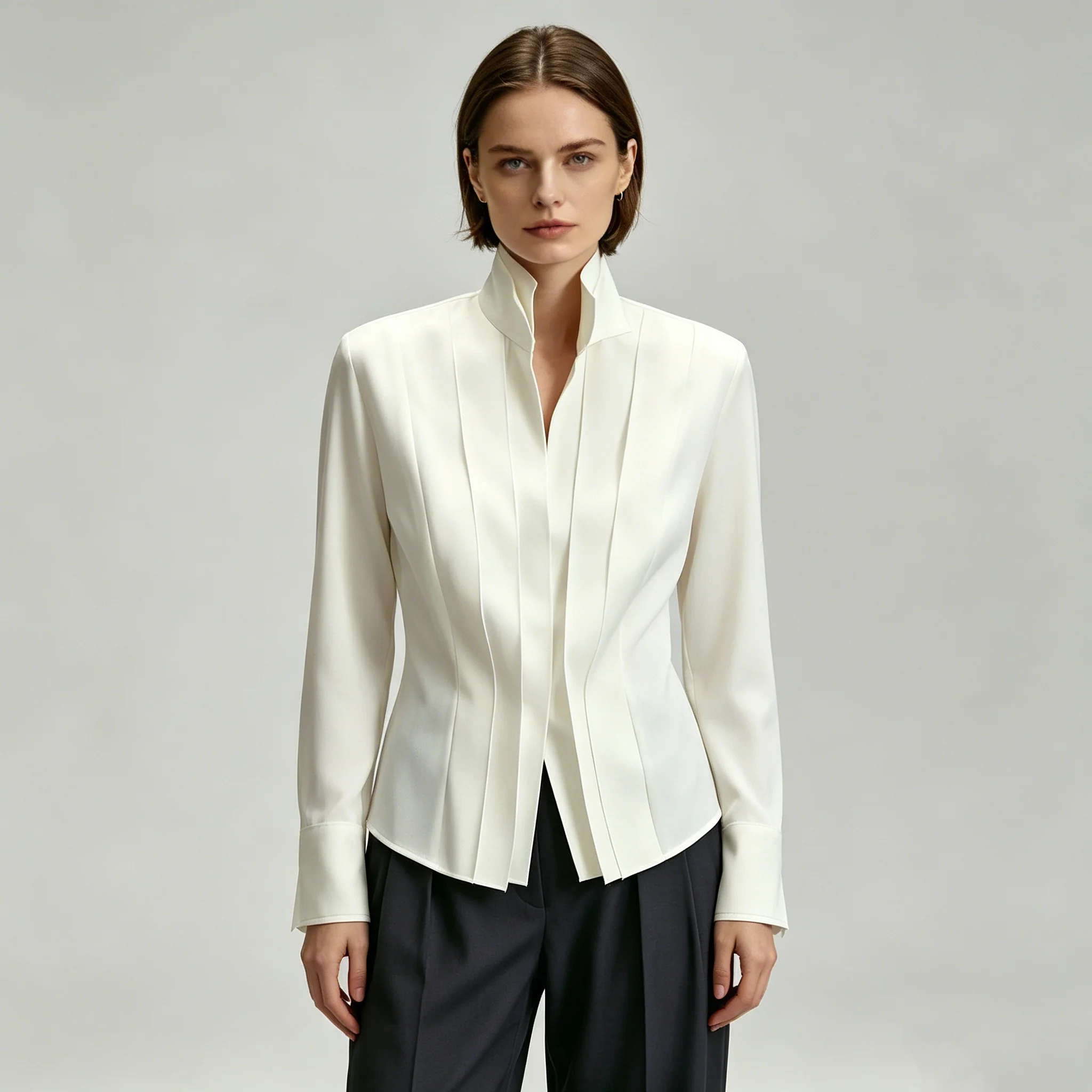 

CiCi Stand Collar Pleated Blouse Women Long Sleeve Satin Slim Fit Elegant Spring Summer Office Casual V‑Neck Tailored Shirt