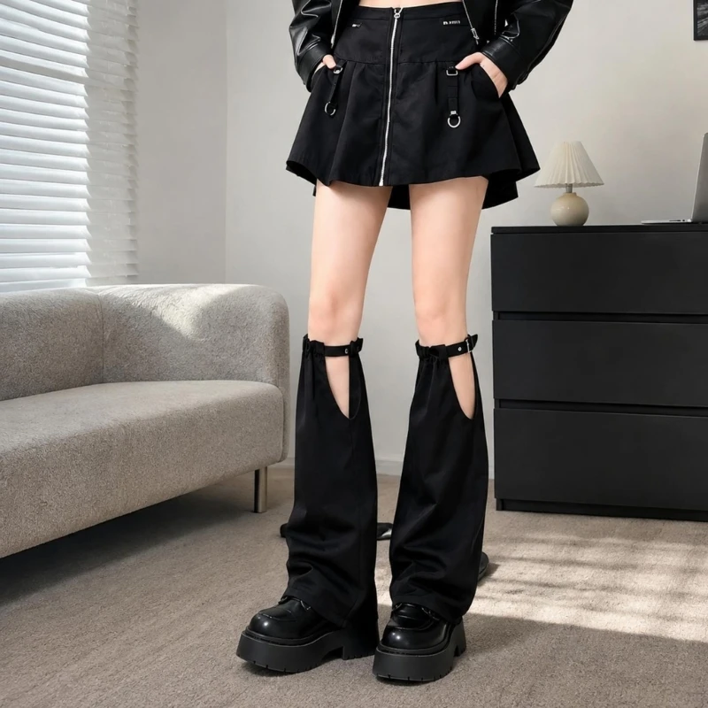 Openwork Leg Warmers Punk Long Leg Socks Fall Leg Sleeves For Womens with Large Side Openings, Breathable Layering