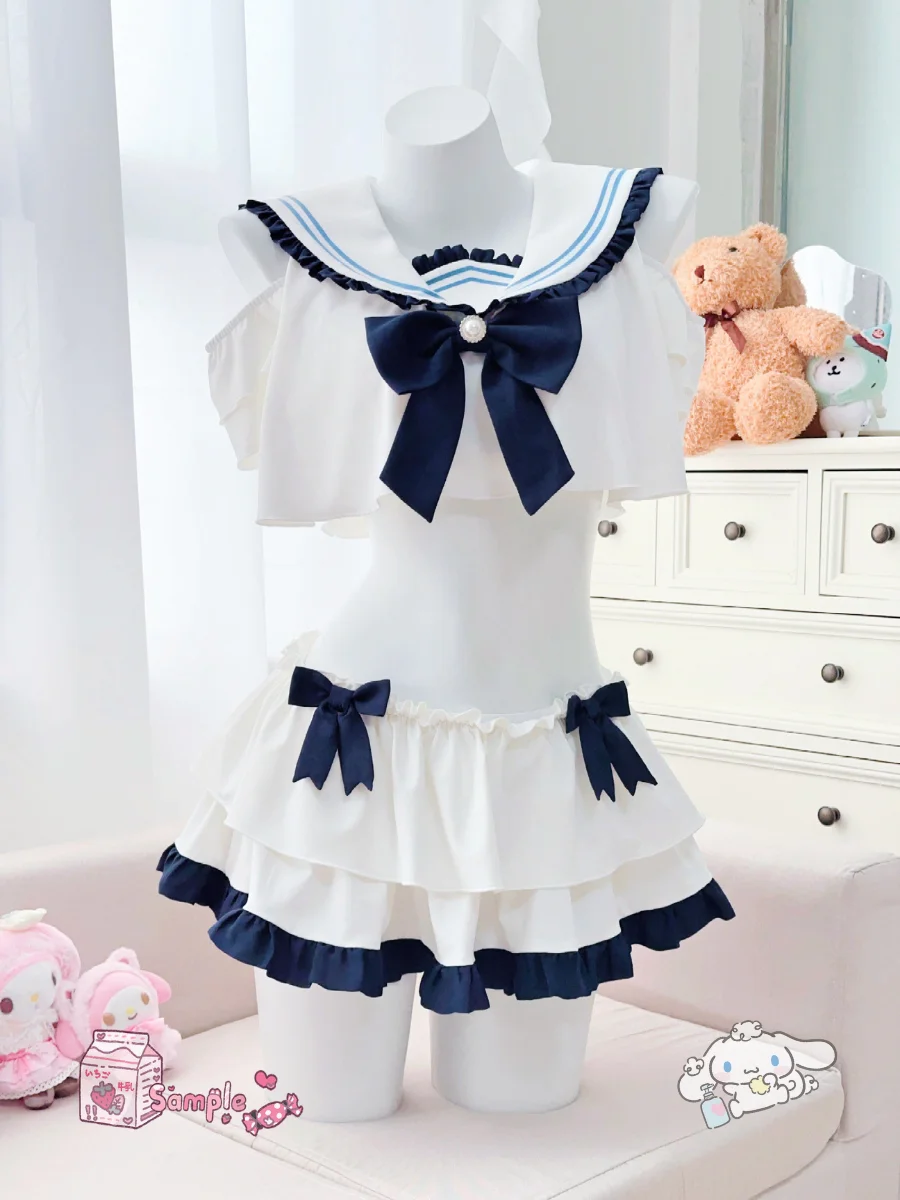Cute Sailor Girl Bikini Swimwear with Chest Pad Water Park Swimming Costume Separate Design Short Knot Design Unive...
