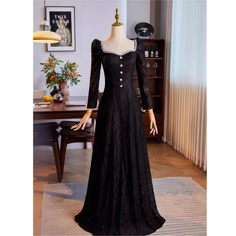 Evening Dress Customization Black Lace Square Collar Crystal Full Sleeves A-line Floor-length Plus size Women Party Formal Gowns