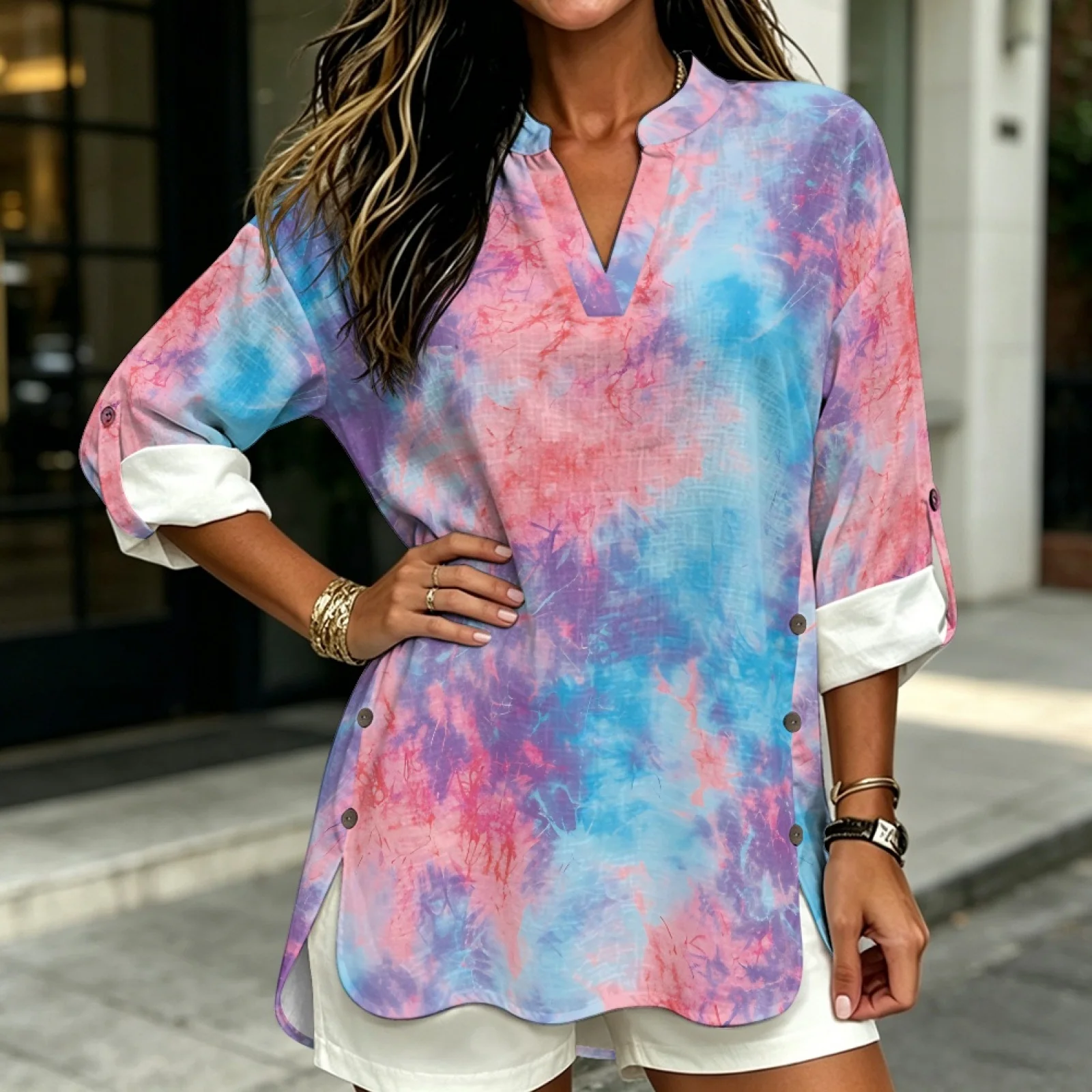 PENSTROLL Trendy Linen Like Tunic Shirts Lightweight Long Sleeve Shirts for Outdoor Tie Dye Swirl