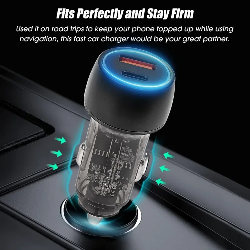 TYPE-C USB-A Dual Interface Car Charger 48W Super Fast Charging Transparent Charger Suitable for Mobile Phone Tablets PC