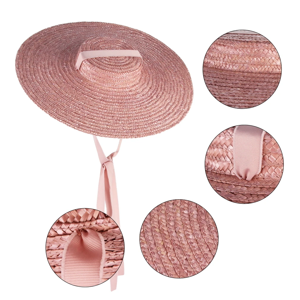 GEMVIE 4 Color Wide Brim Flat Top Straw Hat Summer Hats For Women Ribbon Beach Cap Boater Fashionable Sun Hat With Chin Strap