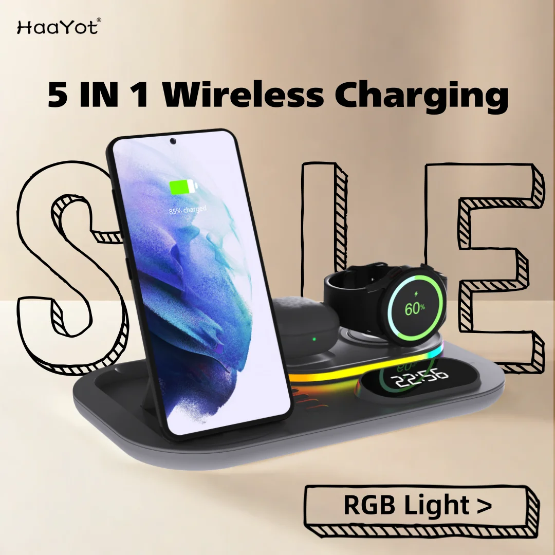 HaaYot 5-in-1 Wireless Charger Station for iPhone, Samsung, Earbuds, Apple Watch, Galaxy Watch with Foldable Design & LED Light