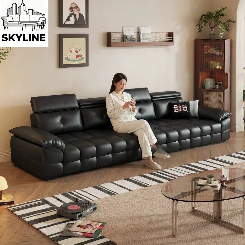 Sophisticated Italian Minimal Piano Key Stitched Top-grain Cowhide Sofa  Straight Leather Couch Versatile Furnish