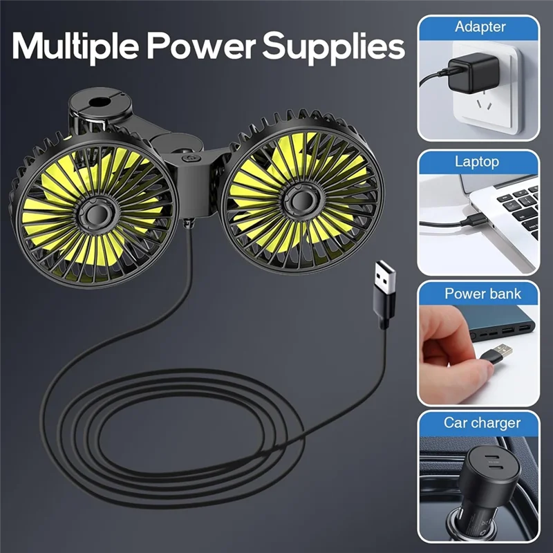 USB Car Cooling Fans For Backseats, Dual Heads Car Fans For Kids 3 Speeds 360° Rotatables Vehicles Rears Headrets Fans-A91R