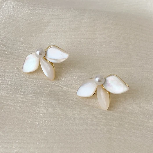 PONYKISS 925 Sterling Silver Needle Pearl Shell Flower Stud Earrings for Women Minimalist Cute Fashion Jewelry Plant Accessories