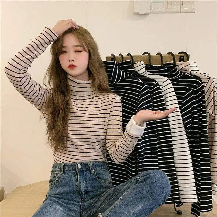 

Весна 2023, женская облегающая двусторонняя бархатная длинная футболка с высоким воротником, студенческая полосатая базовая футболка