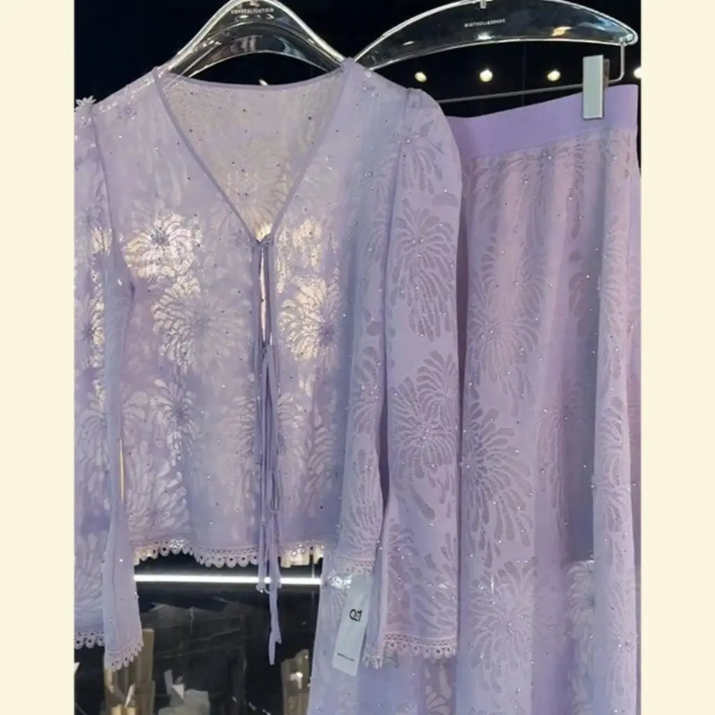 

Summer New Chinese Style National Beautiful Wear Purple Two-Piece Suit Cardigan Top And Skirt Set for Women