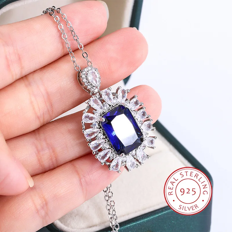 Hot Selling Bride Wedding Engagement Jewelry Simulation Blue Gemstone Bright Oval Necklace Gorgeous Full of Diamond Jewelry