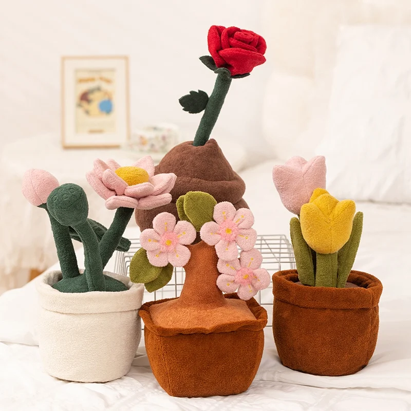 Simulação diversão de alta qualidade planta vaso boneca pelúcia tulipa pêssego flor lótus rosa árvore natal brinquedo pelúcia casa decoração natal