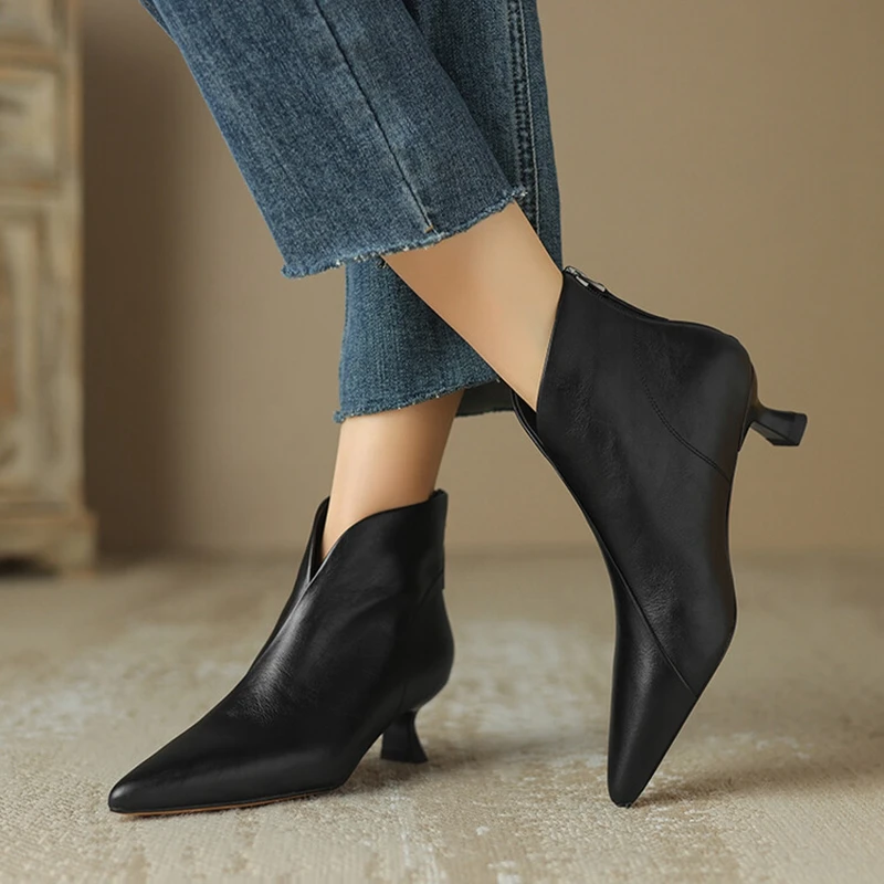 

NEW Autumn Women Boots Genuine Leather Shoes for Women Pointed Toe Kitten Heel Ankle Boots Elegant Winter Thin Heel Women Shoes