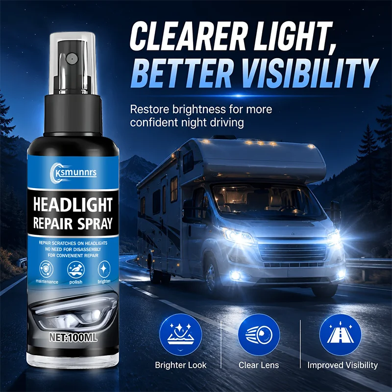Headlight Restoration Spray - Removes yellowing, scratches, fog, brightens instantly - Suitable for car lights.