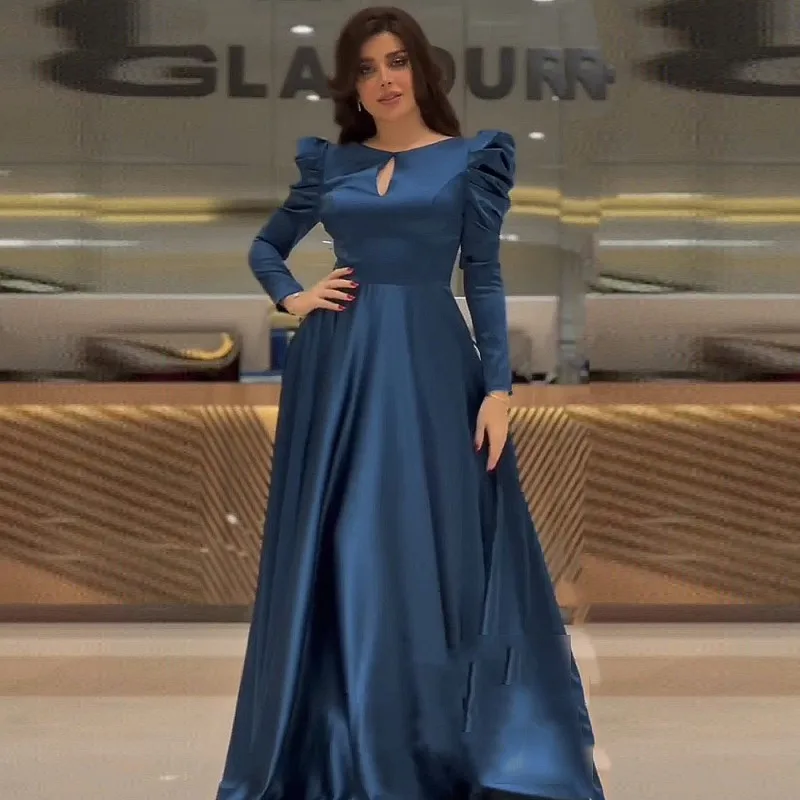 

Eightale Blue Evening Gowns O-Neck Long Sleeves A-Line Backless Floor Length Arabic Satin Prom Party Dress Robe Soiree