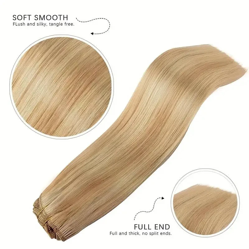 Extensiones de cabello humano 100% Real para mujer, cabello con Clip de 8 piezas, P8/613, Color marrón, resaltado, Rubio, uso diario, fácil de llevar