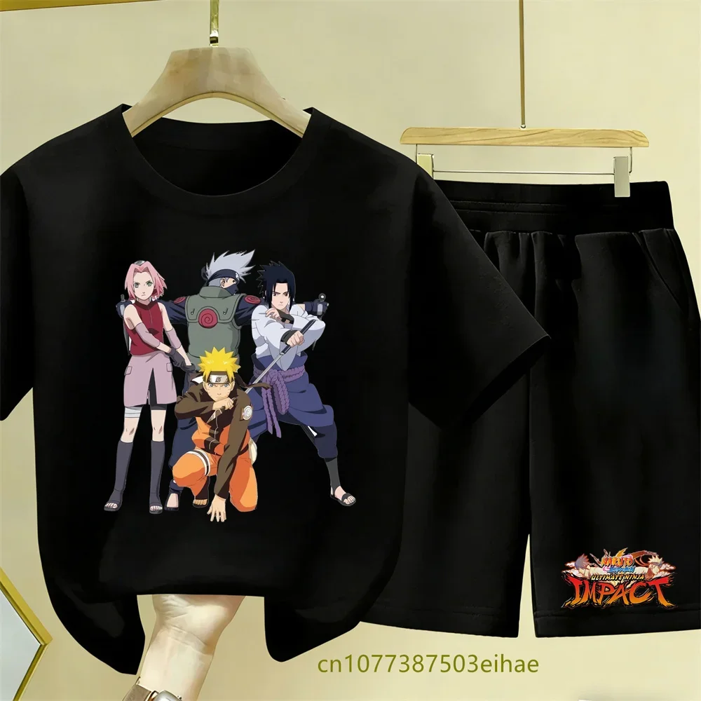 Naruto Anime Print Clothing Set - Summer Breathable Children's Short-sleeved T-shirt, Cute Casual Top + Shorts Set - New Style