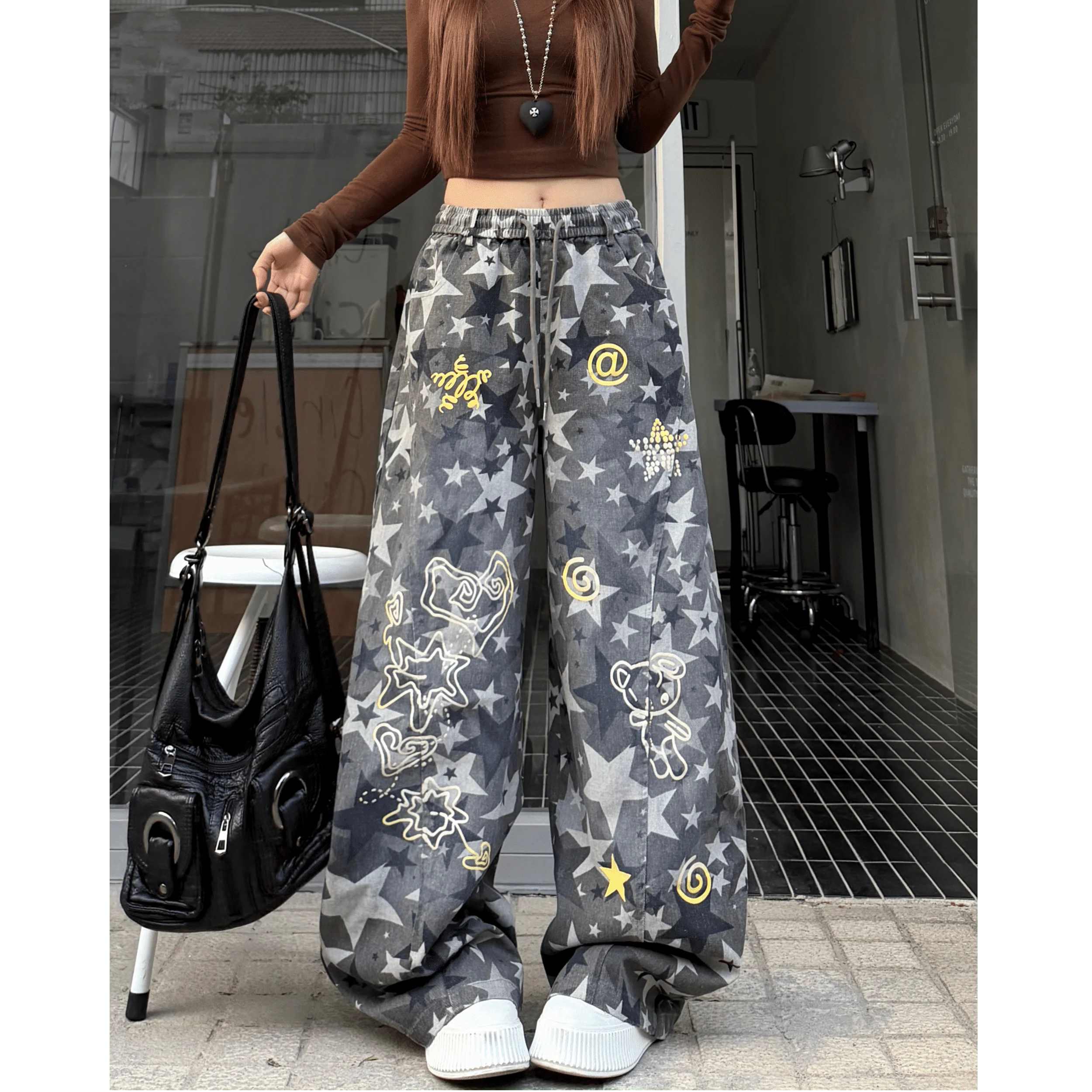 

American Style Vintage Star Embroidered Camouflage Wide Leg Loose Fit Workwear Jeans Ladies Casual Straight Cut Trousers