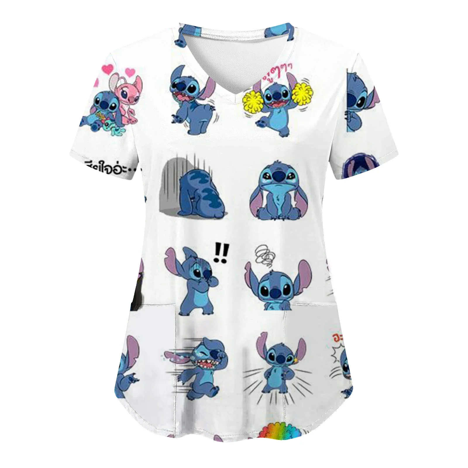 Miniso t-shirt Summer Pocket camicie scollo a V abbigliamento donna Hospital Top Disney Top donna 2024 infermiera uniforme Stitch Tees donna