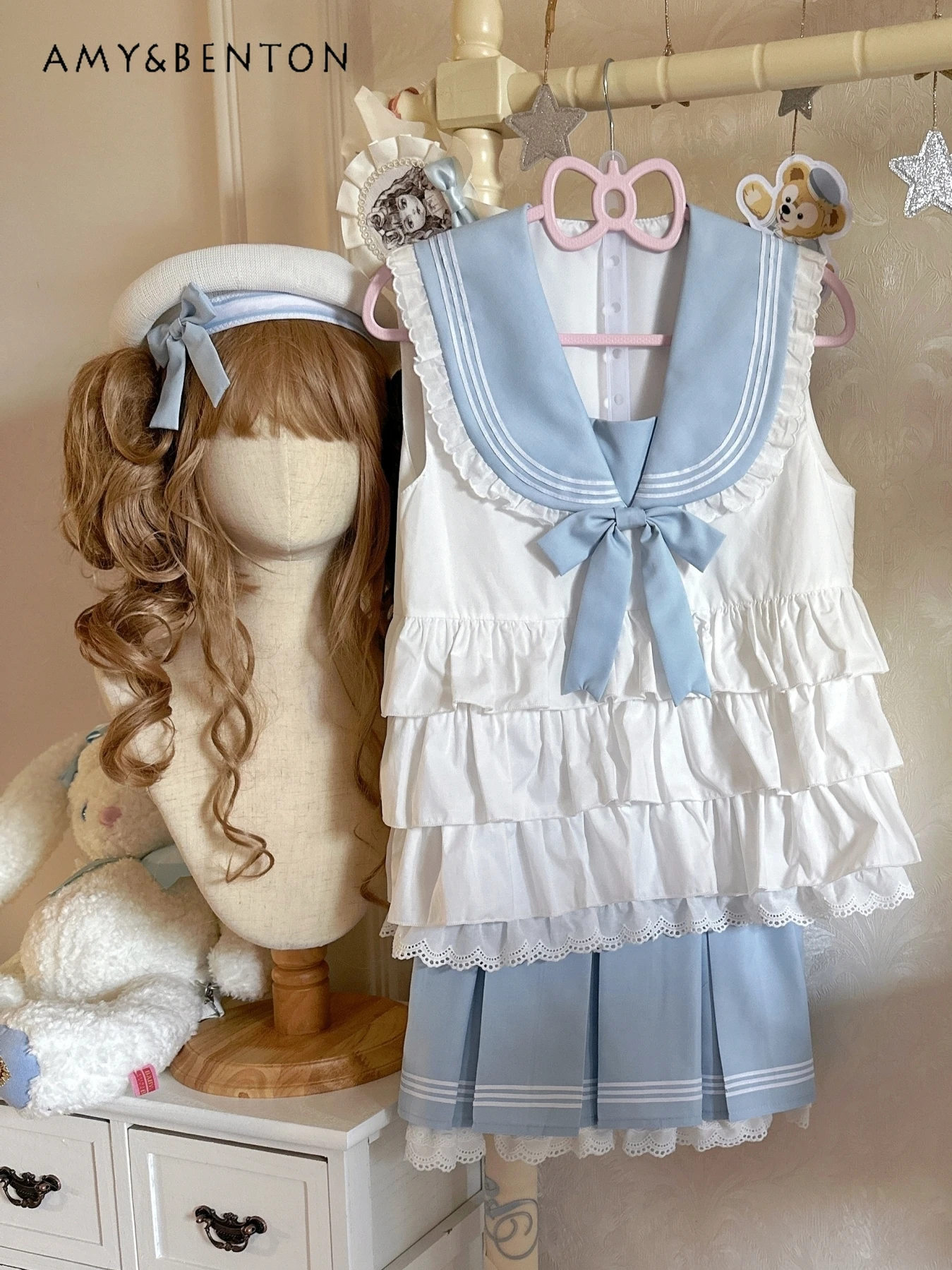 

Cute Daily Jk Uniform Suit Sweet Girl Navy Collar Bow Sleeveless Top Pleated Skirt Two-piece Summer Women Clothing Split Set