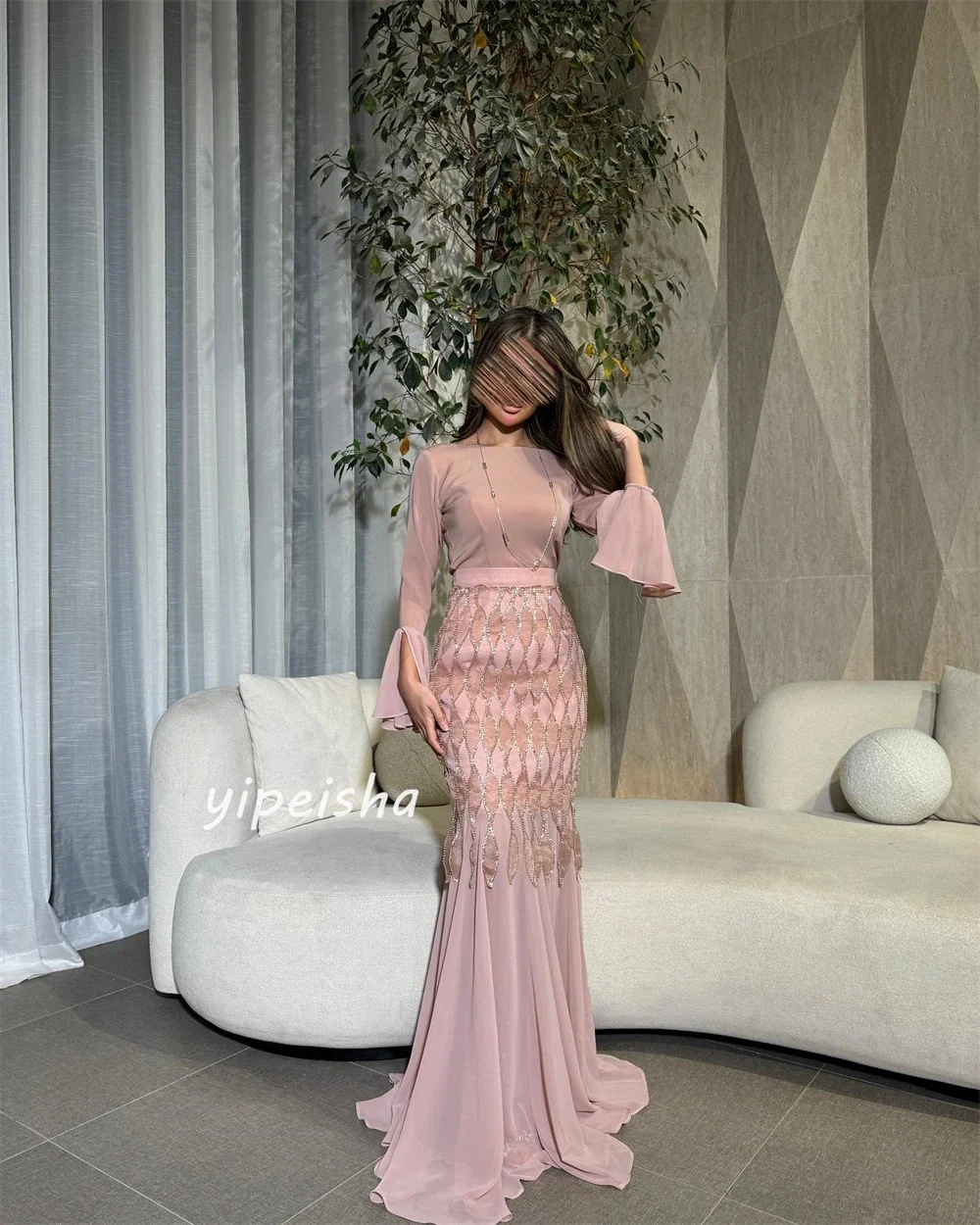 Customized Fashionable Elegant Chiffon Tassel Ruffle Cocktail Party Mermaid O-neck Custom Dress Long Skirt Dazzling Colorful Pe