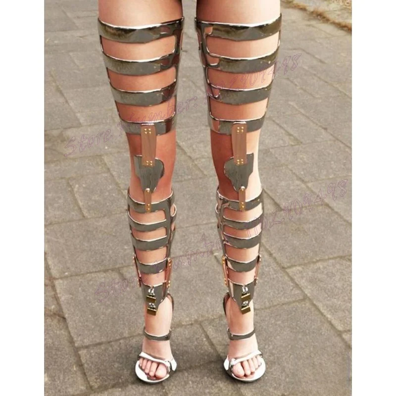 Silver Hollow Out Sandals Boots Thigh High Open Toe Shoes for Women Stiletto High Heels Sexy Lady Shoes 2024 Zapatos Para Mujere