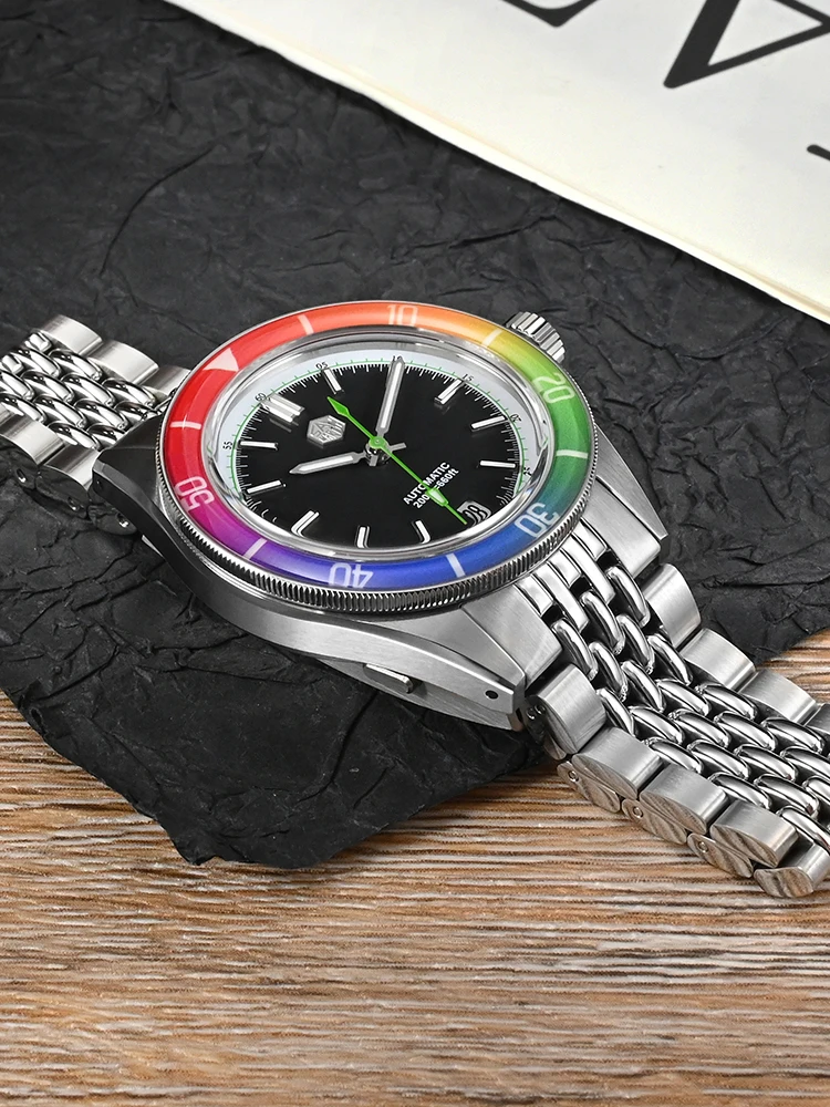 San Martin Original Design 39.5mm Fashion Men Diving Watch Sapphire Rainbow Bezel Mechanical Watches Luminous Date 200m SN0116