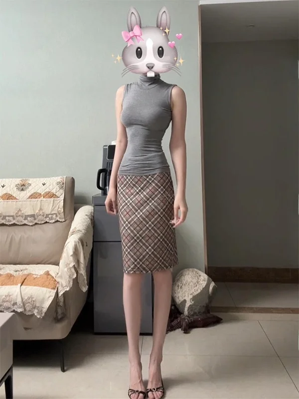 Pure Desire Hong Kong Style Retro High Waist A-Line  Skirt Women's Summer Design Unique Plaid Wrap Body Skirt