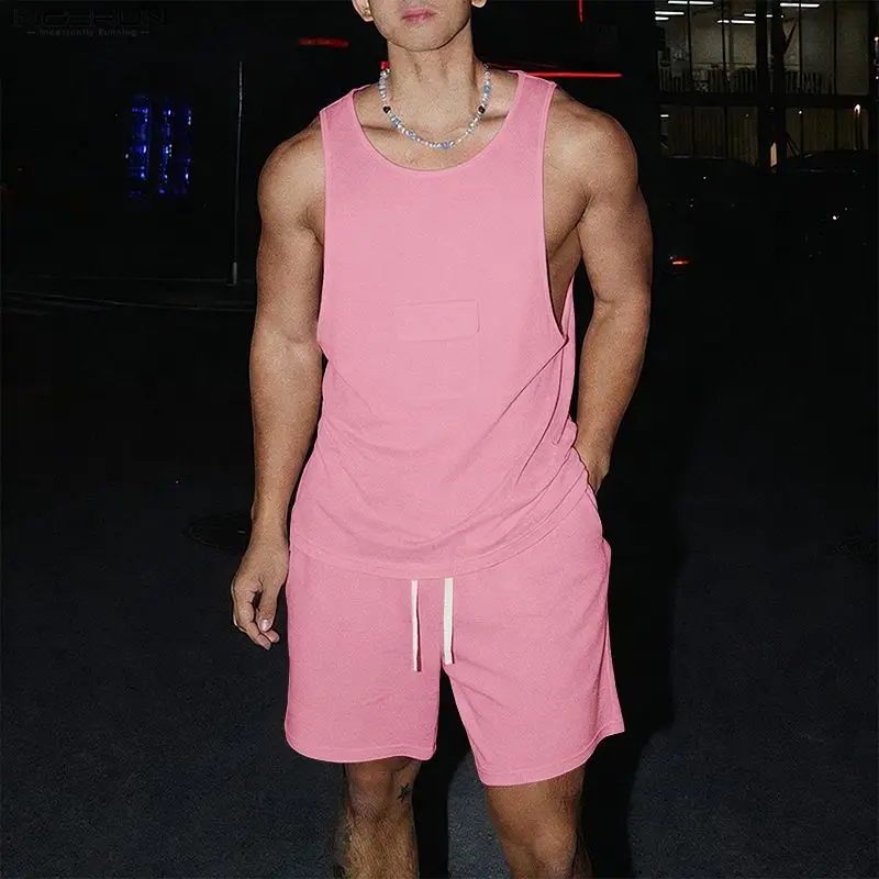 

INCERUN Men's Sets Solid Summer Breathable Sleeveless Tank Tops Shorts 2 Piece Sets Streetwear 2026 Fashion Men Matching Sets