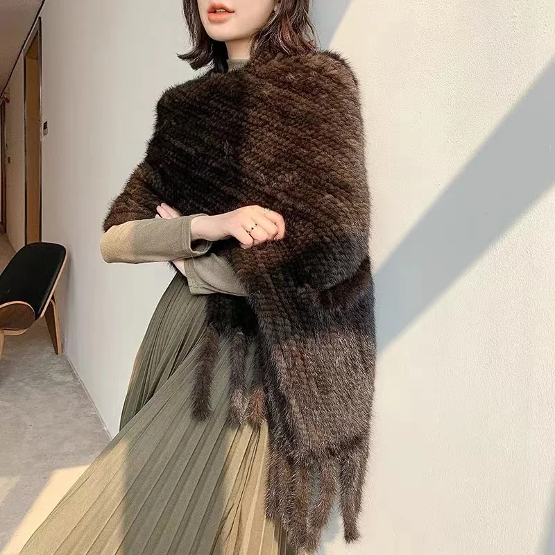 

Mink Fur Shawl Women Winter 100% Real Mink Fur Scarf Hand Knitted Lady's Natural Mink Fur Wrap Autumn Women Coat