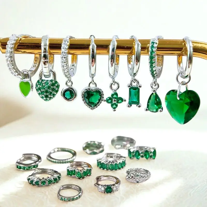 925 Sterling Silver Needle Green Zircon Hoop Earrings dla kobiet Fashion Water Drop/Flower Dangle Silver Earrings Luksusowa biżuteria — zdjęcie 3