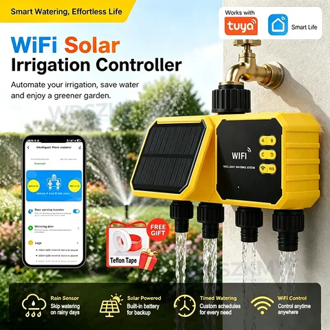 2/4-Zone Solar WiFi Irrigation Watering Timer, Smart Life&Tuya APP Remote Control Automatic Garden Lawn Irrigation Controller
