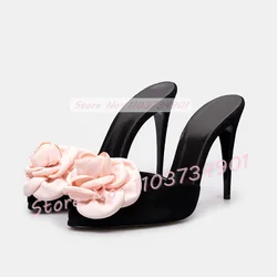 Pink Rose Flower Peep Toe Mules Women Elegant Black Satin Thin High Heels Slippers Female Party Floral-applique Flock Shoes