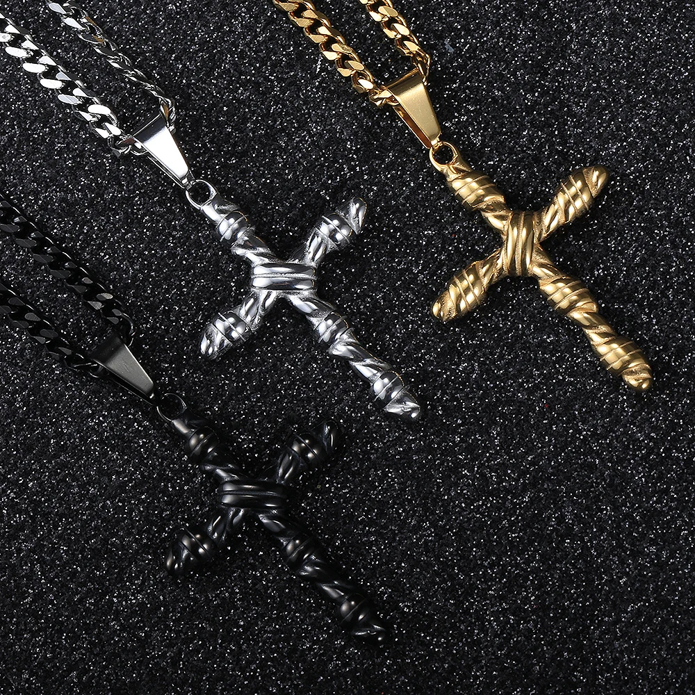 Unique Cross Pendant Necklace For Men Boys Stainless Steel Curb Cuban Chain Necklace Hip Hop Male Jewelry Gift KP679