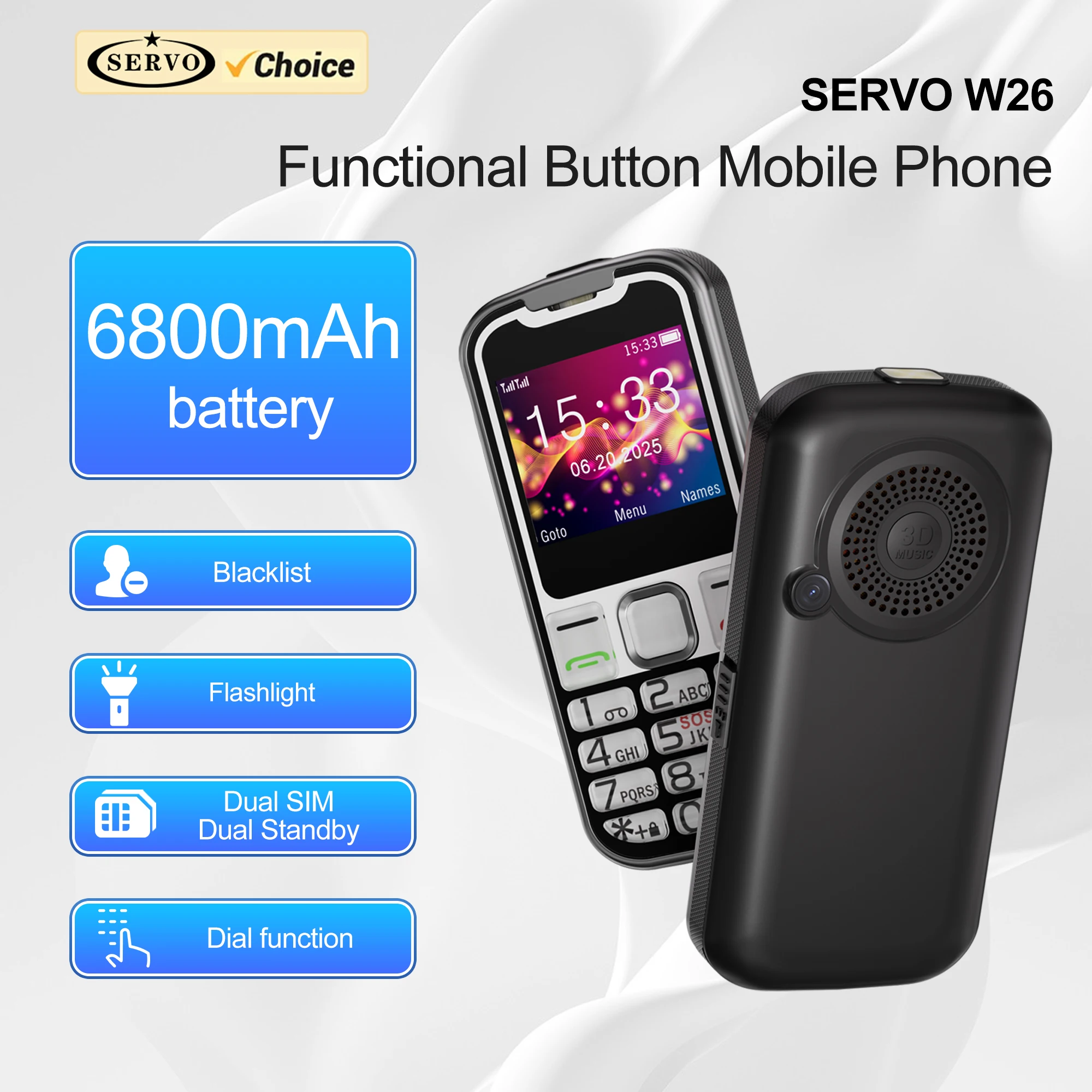 SERVO W26 Громкий динамик для мобильного телефона, двойной SIM-карты, режим ожидания, набор скорости, запись вызовов, фонарик, вибрация, FM, 2G, GSM, кнопка, мобильные телефоны