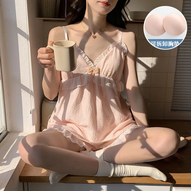 

Large Size with Chest Pad Pajamas Women Summer Cloud Cotton Sling Shorts Set Korean Sweet Student Homewear Can Be Worn Outside