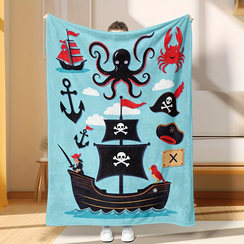 Large Pirate Blanket Throw Fleece Nautical Ocean Decor 150x200cm Skull Crossbones Ship Sea Throw for Couch Bed Living Room Giant
