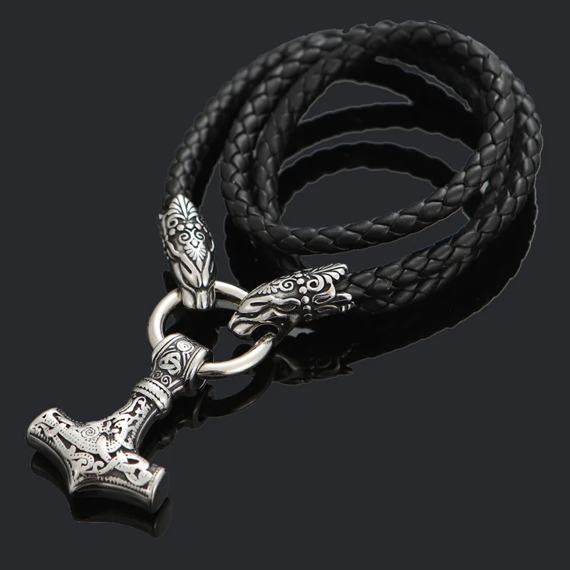 New High Quality Nordic Men\'s Thor Hammer Pendant Necklace Leopard Head Necklace Men\'s Jewelry Gift