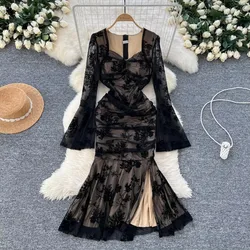 Vintage Long Sleeve Elegant Square Neck Chic Lace Slim Split Pleated Ruffle Dress Women Korean Sexy Evening High Street Clothing
