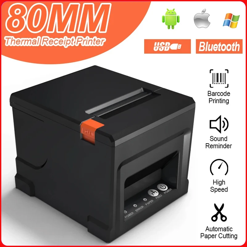 80mm Thermal Receipt Printer Automatic Cutter Restaurant Kitchen Multi-Functional POS Printer USB LAN Bluetooth Desktop Printer