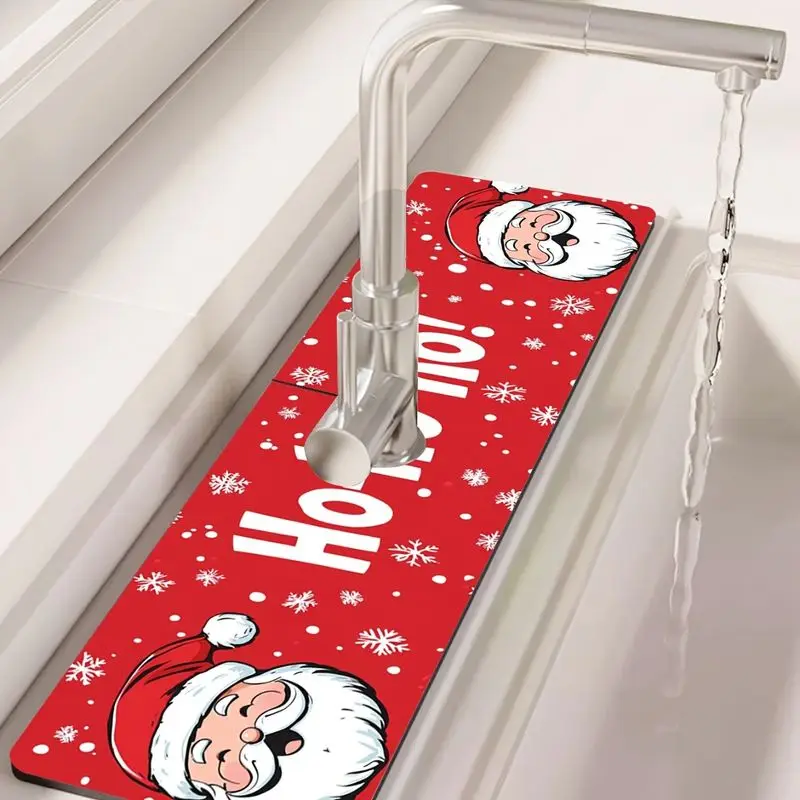 VIKAMA Christmas Faucet Mat Red Santa Face Ho Ho Ho Snowflake Print Soft For Kitchen Sink Counter Laundry Room Home Decor