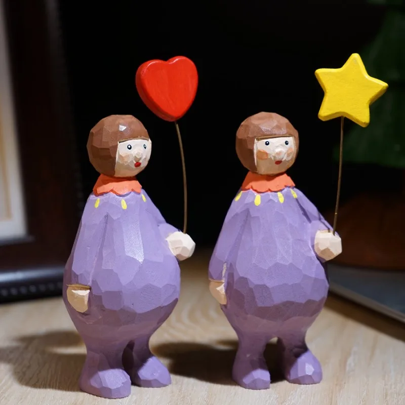 Handmade Wood Carved Girl In Purple Holding Heart Cute Office Desk Companion Ornament Healing Small Item Home Workstation Decor
