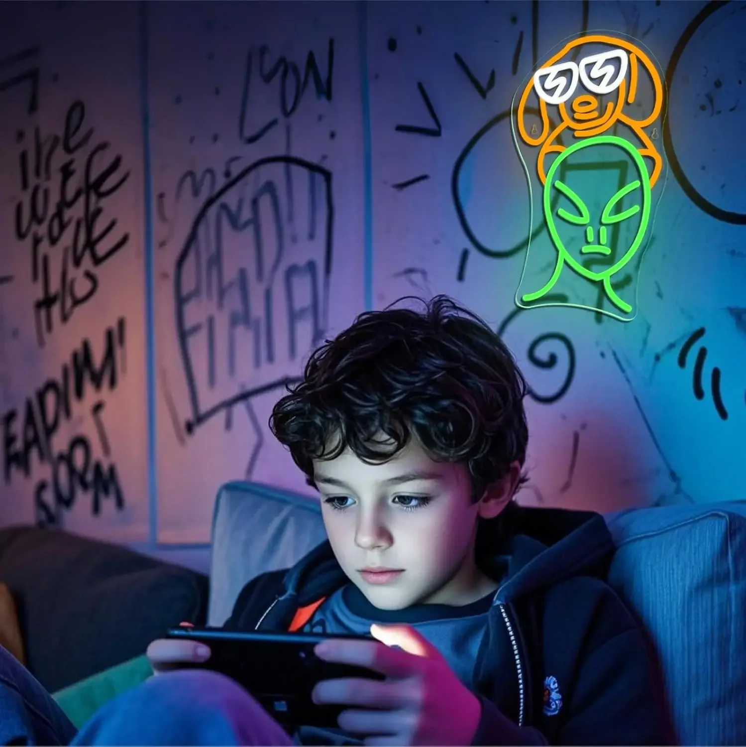 Cool Dog Alien Neon Sign Orange Green LED Wall Art USB Powered Glow Lamp Funny Party Bar Cafe Home Decoration Hanging Light