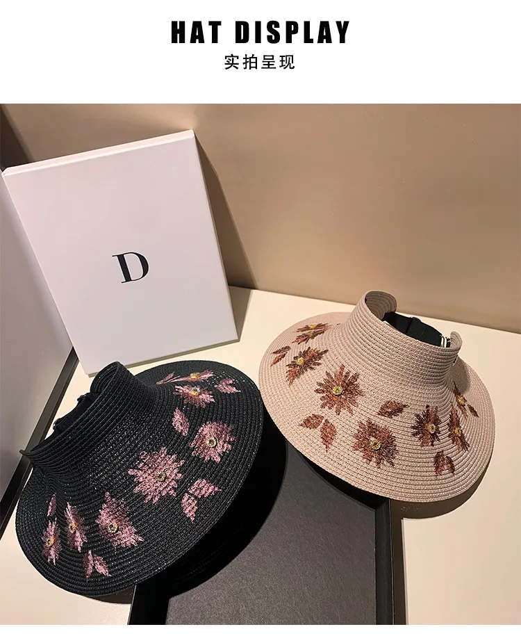 Beach Straw Woven Sunshade Hat Rhinestone Embroidered Sun Hat Fashionable Leisure vacation foldable women's empty top hat