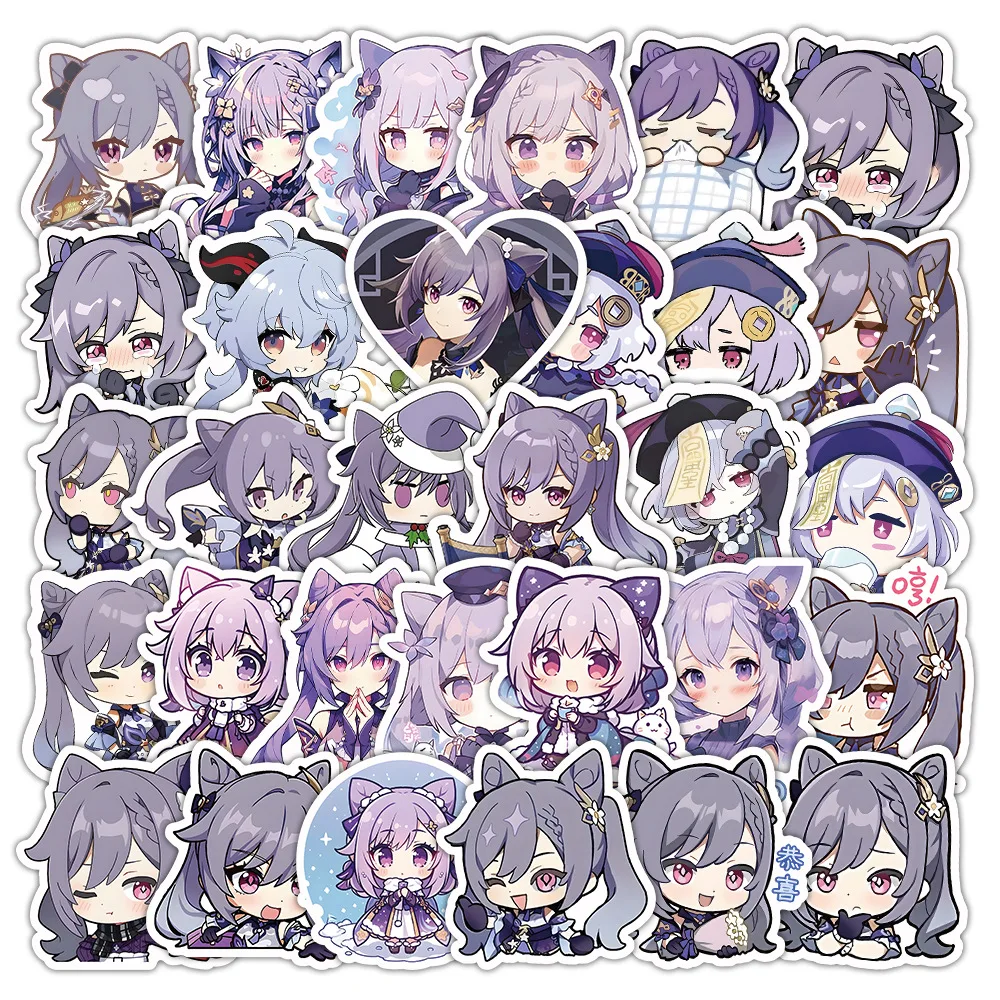 Imagem -02 - Yuan Shen Girl in Purple Keqing Adesivos Personagem de Desenhos Animados Adesivo Impermeável de Pvc Brinquedos Artesanais Presente para Crianças Anime 10 Pcs 50 Pcs