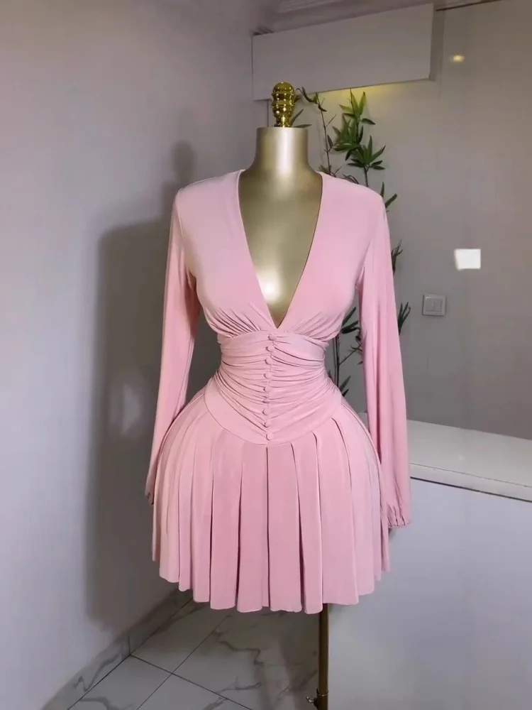 Wmstar ドレス女性卸売ソリッド女性のプリーツディープ V ネック長袖ドレスと新しいスタイルのスカート女性服