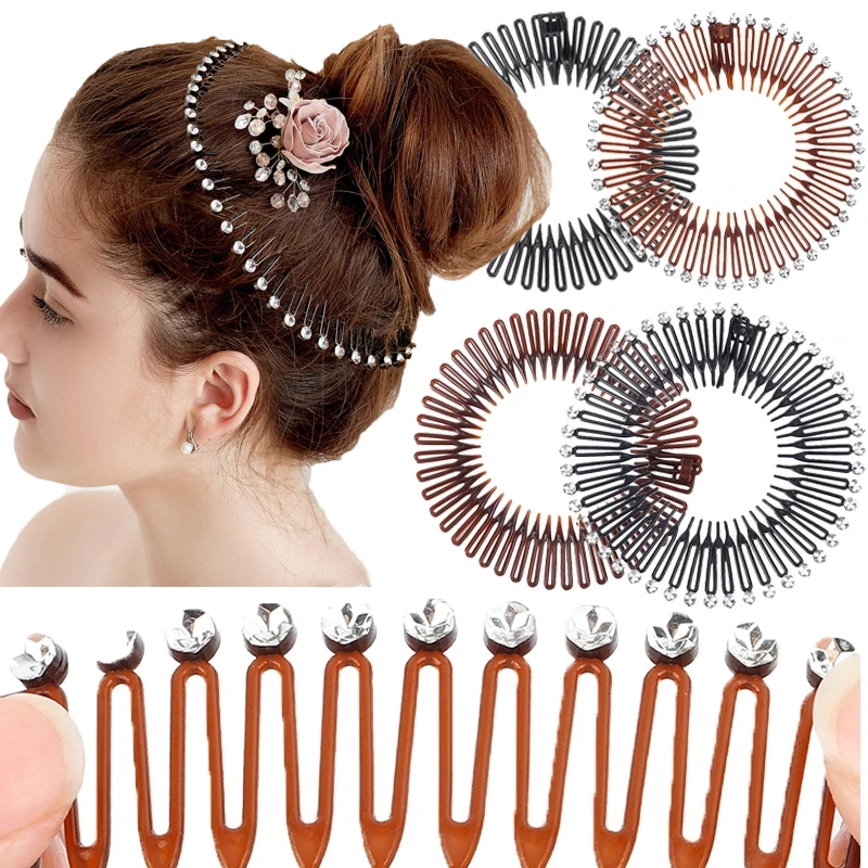 2pcs Classics Full Circular Stretch Hair Comb Headbands Women Girls Sports Flexible Plastic Circle Teeth Hairband with Diamond