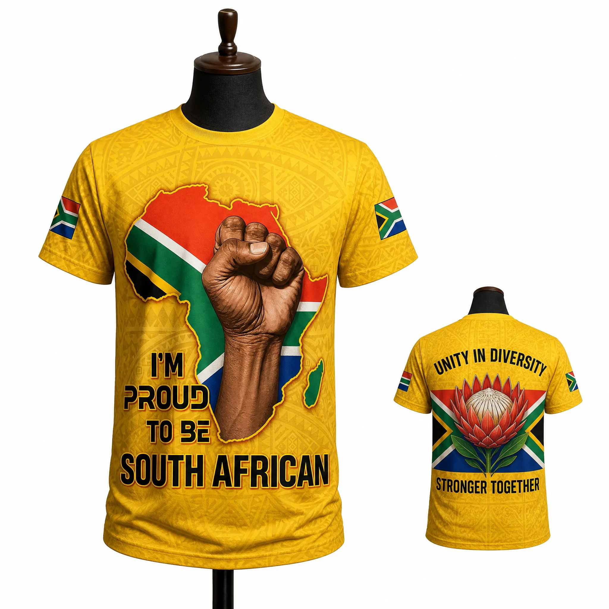 Mens South Africa Round Neck T Shirt Yellow Map Fist Slogan Print Casual Short Sleeve Summer Graphic Streetwear Top Heritage Fit
