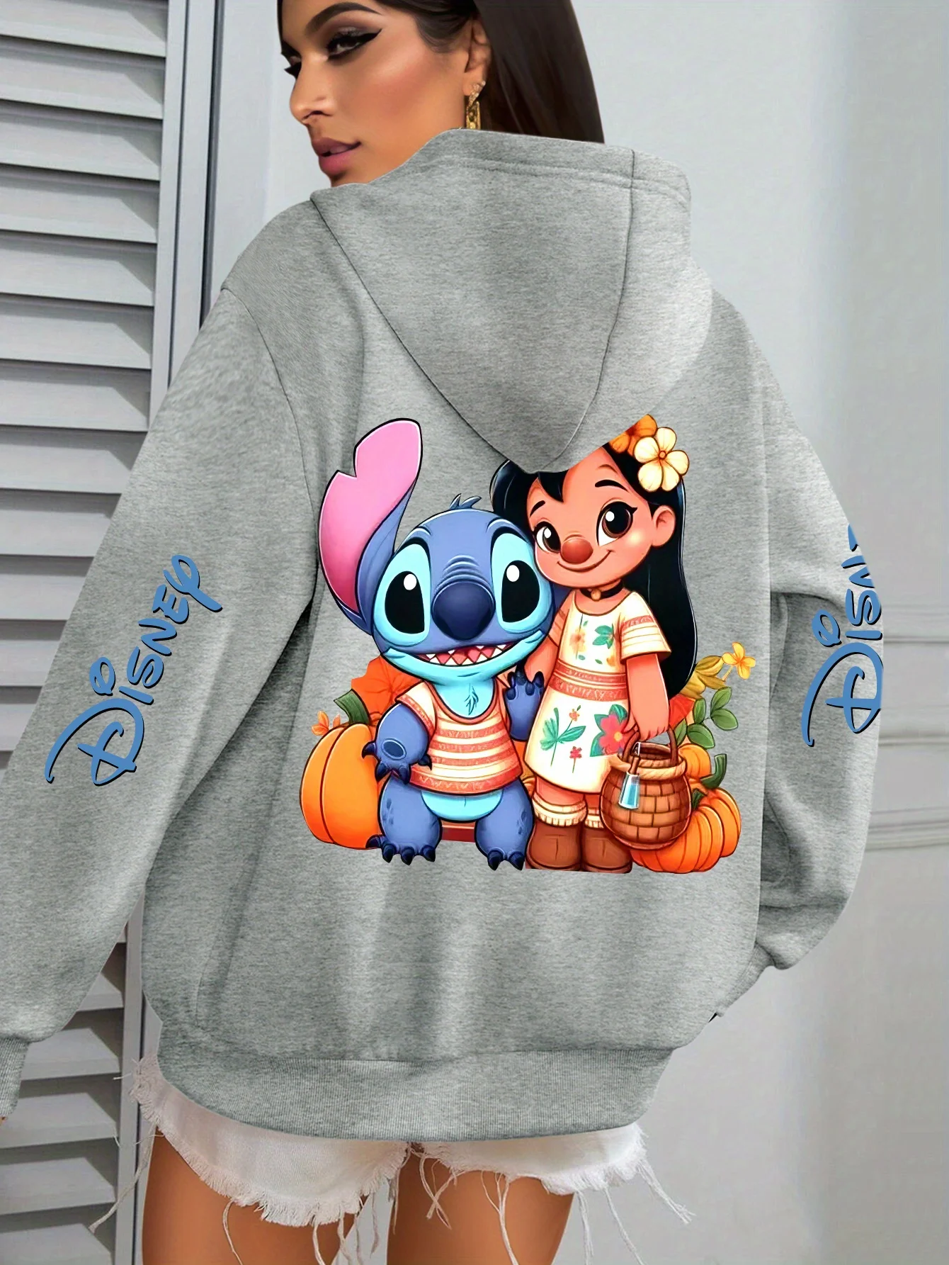 Women's Disney Lilo & Stitch Pattern Autumn and Winter Fleece Hooded Sweatshirt Unisex Streetwear Oversized Loose Casual
