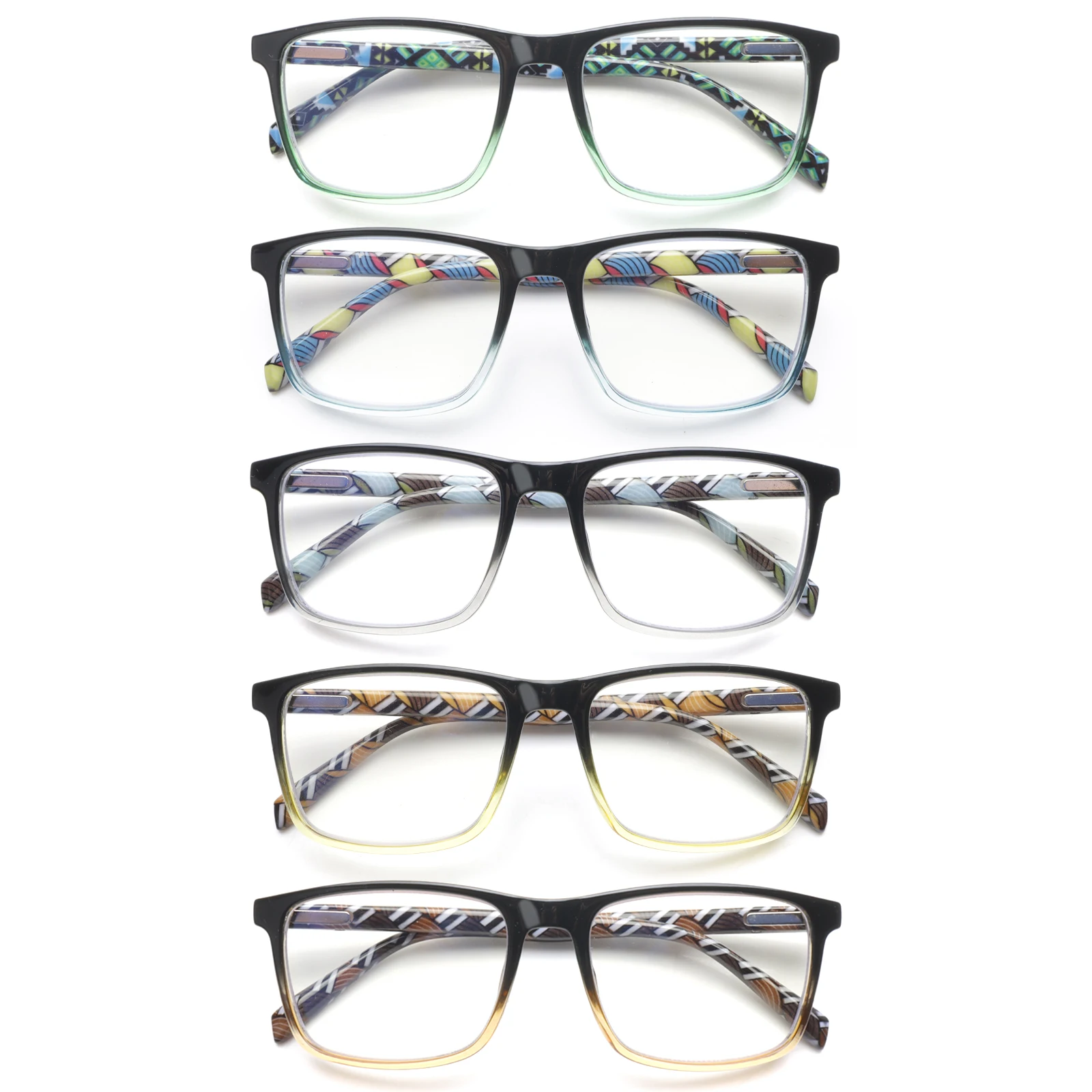 5 Pack Reading Glasses Blue Light Blocking Spring Hinge Square Patterned Temple Presbyopic Glasses Men Women Computer Readers