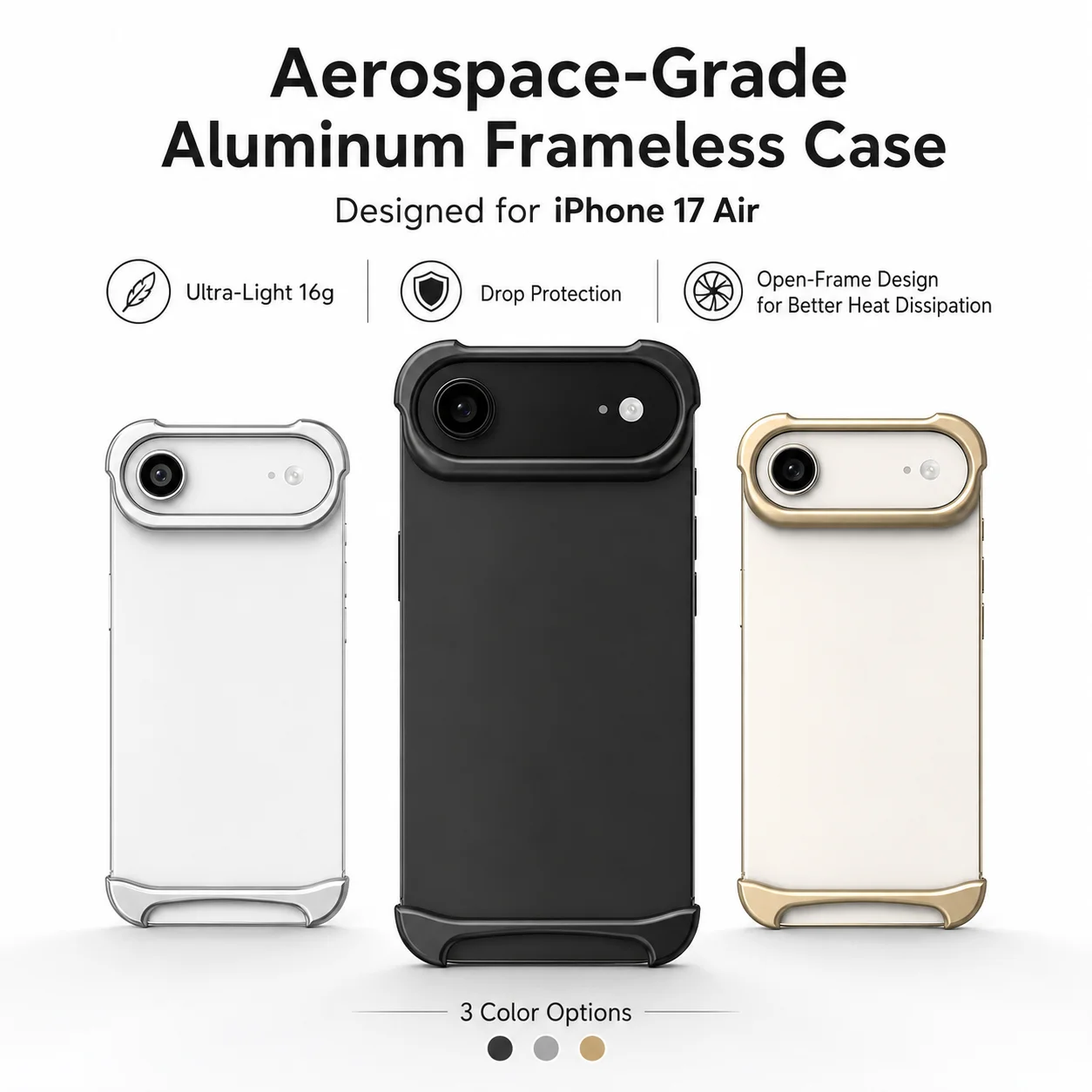 Чехол для iPhone 17 Pro Max / Air 17Pro из 100% алюминия и каучука SEBS, безрамочный, с теплоотводом